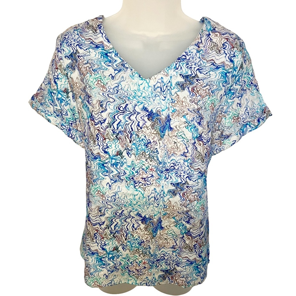 New AP.NY Apparel S 100% Linen Watercolor Blue Purple Swirl V Neck Roll Cuff Top